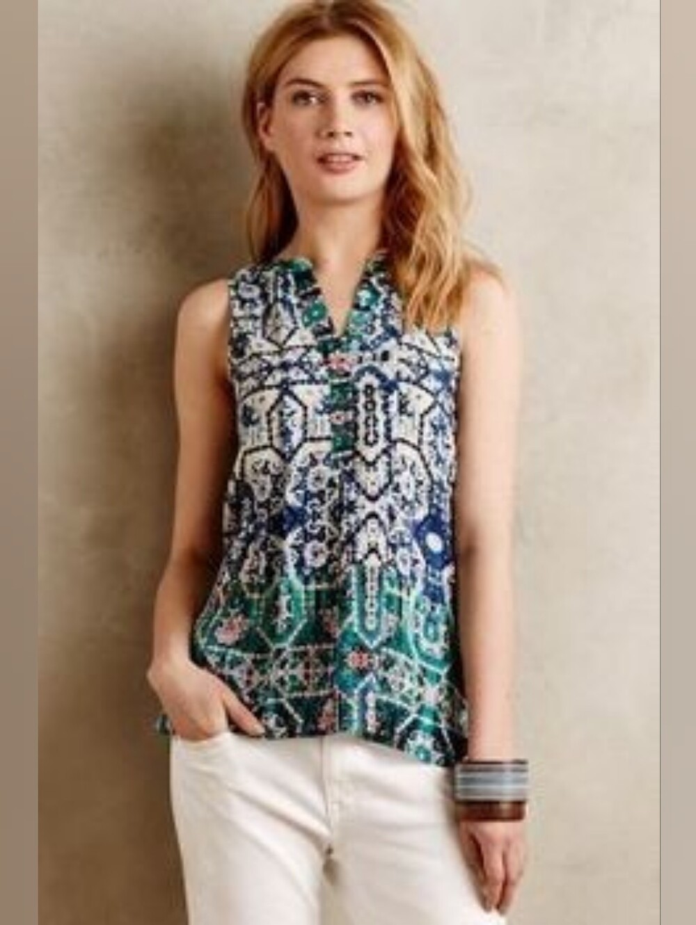 Anthropologie Vanessa Virginia Massi 100% Silk Boho Tank Top Size 6 Blue Teal
